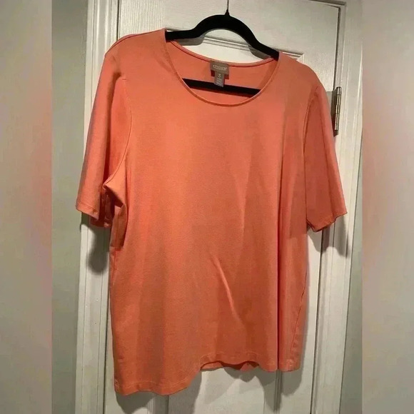 Chicos Coral Short Pleated Sleeve Round Neck Soft Stretchy Tee Size L - Picture 1 of 13